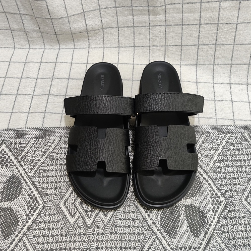 Hermes Black Leather H-Cut Slide Sandals with Strap